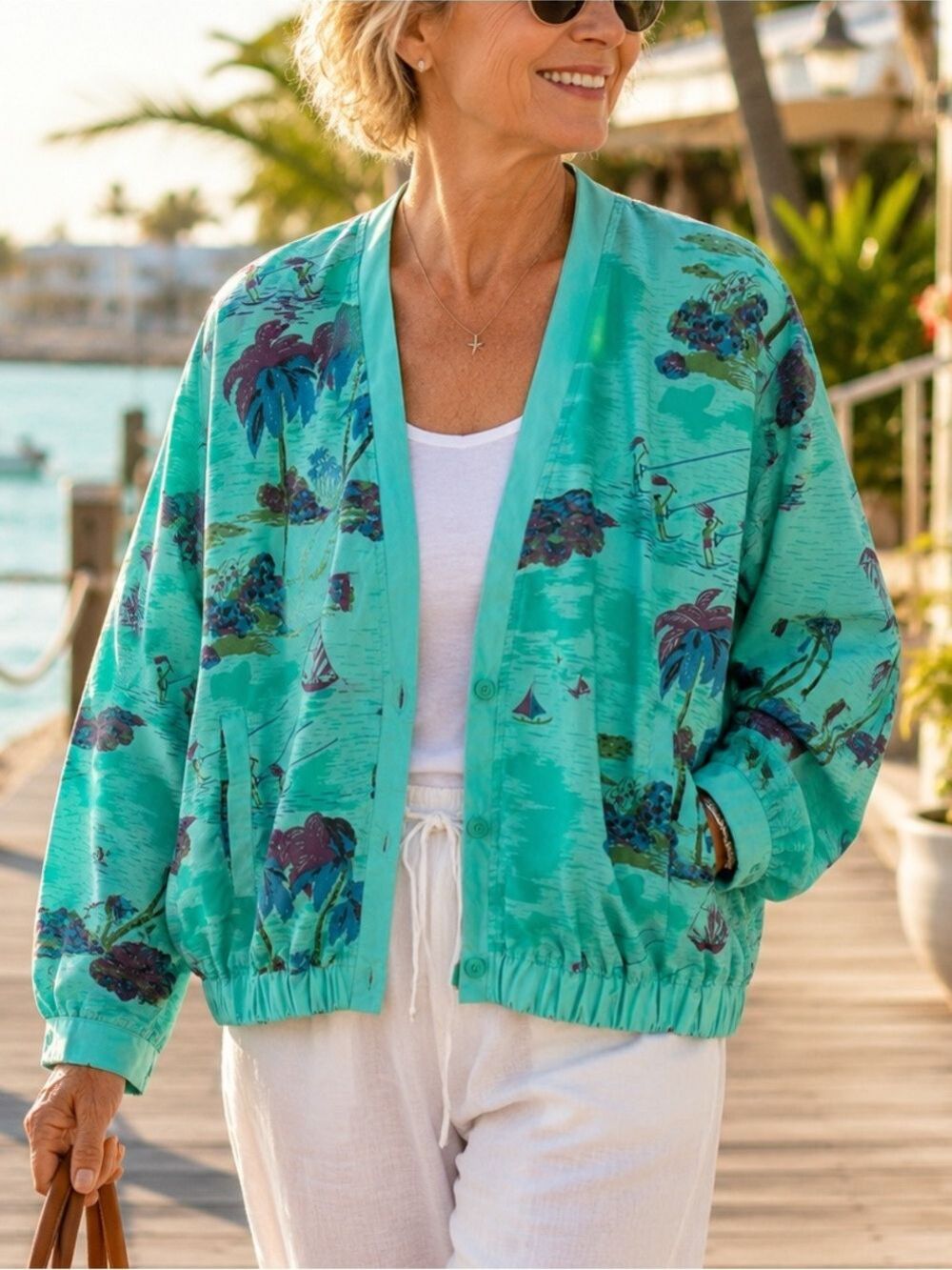 Vintage 90s Tropical Print Jacket Womens Large Aqua Palm Tree Windsurfer Beach